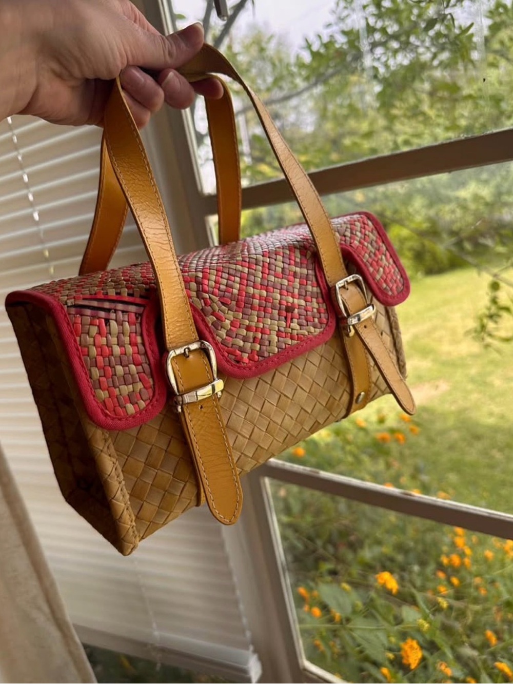 Woven Straw Shoulder Bag with Pink Trim